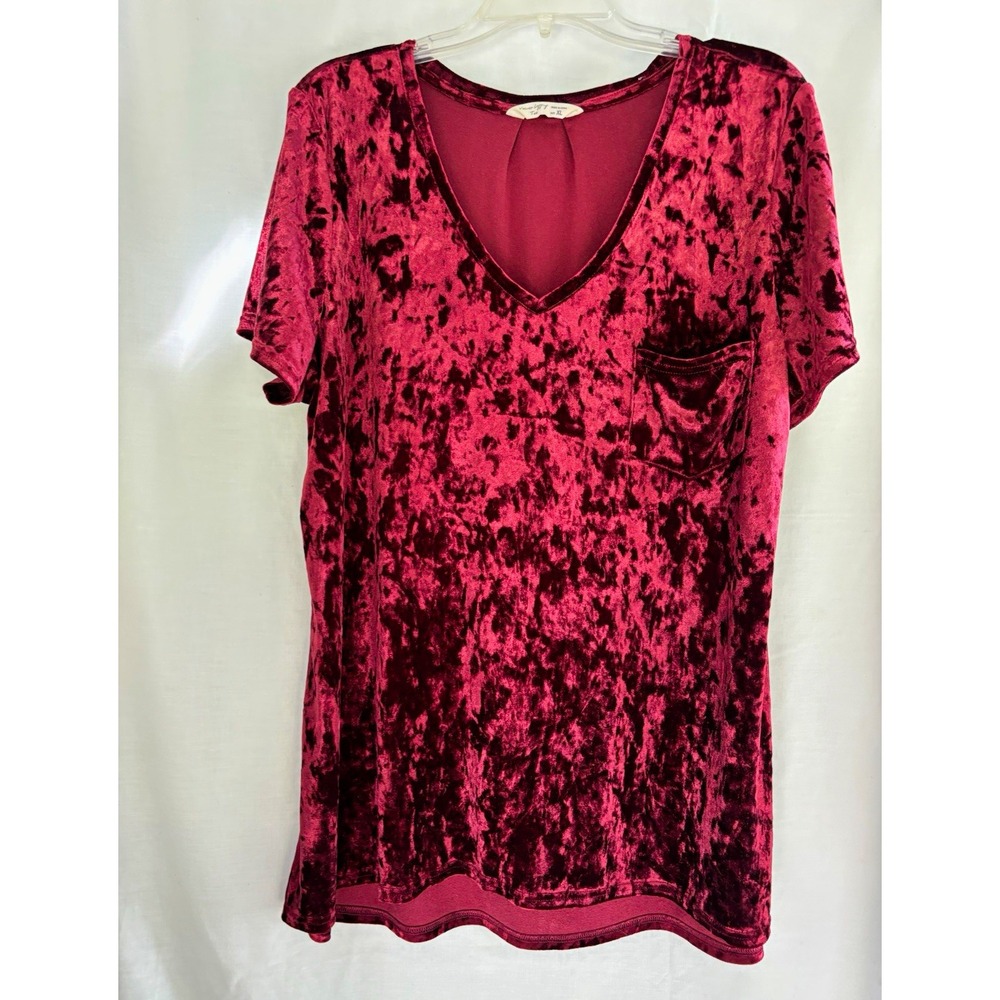 Velvet Legging Tee Women's Burgundy Velvet V-Neck Pocket Tee Short Sleeve XL